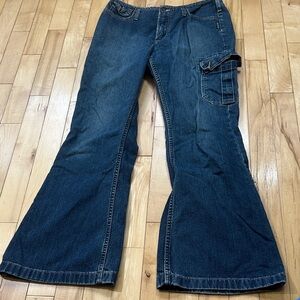 Vintage Y2K Silver Jeans Dark Blue Wide Leg Flare Cargo Jeans